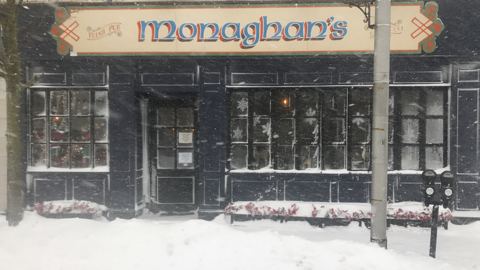 Outside monaghans in the snow