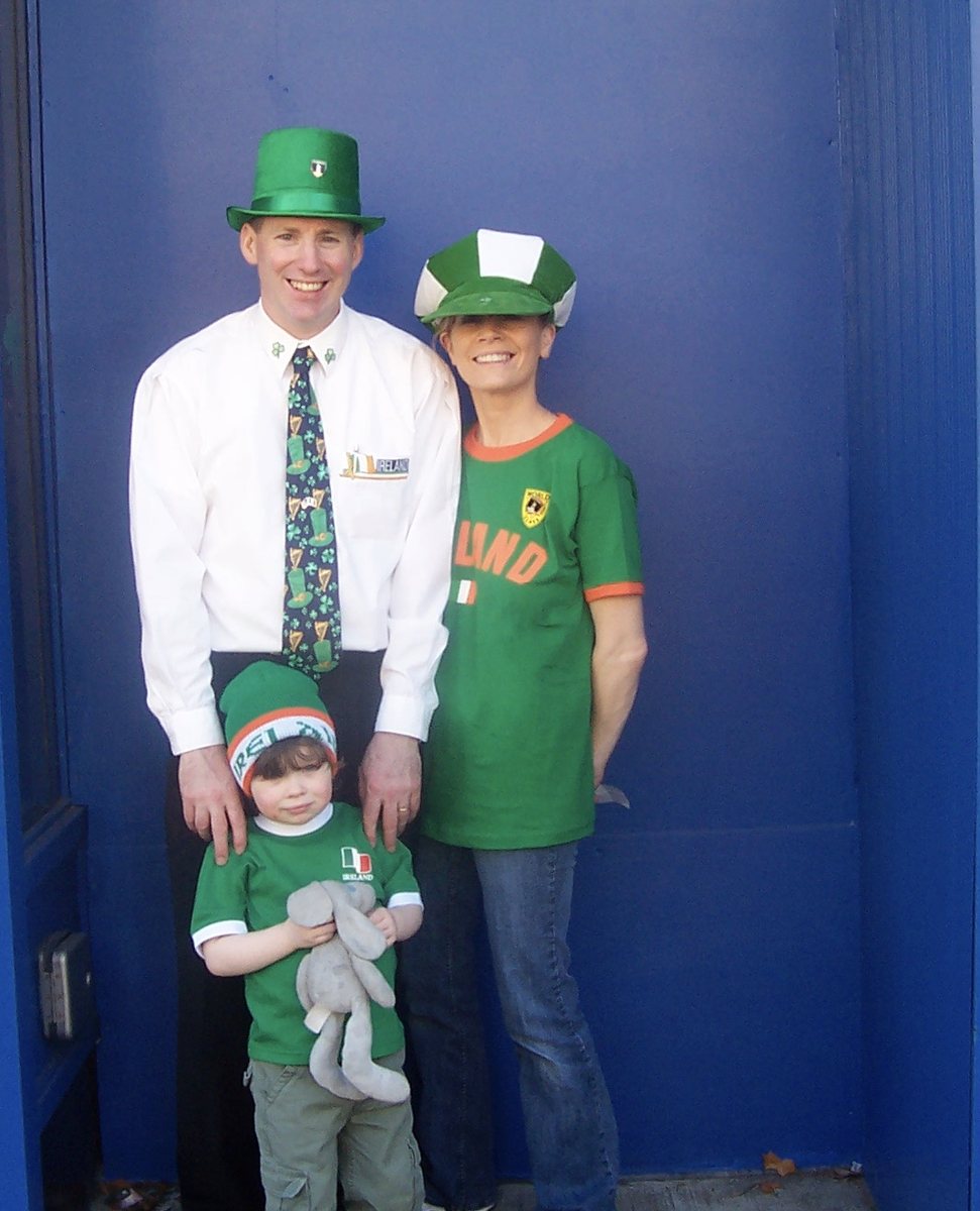 Kathleen, Niall and Dylan outside Monaghan's, March 2006